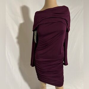 bebe Off-Shoulder Long Sleeve Dress in Deep Purple